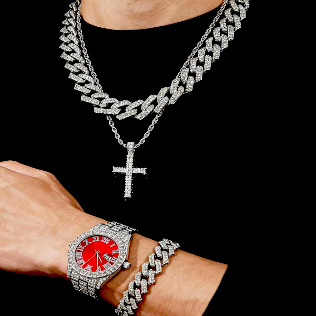 Aleación Hip Hop Diamond Reloj romano Juego de pulsera cubana Calendario de aleación de zinc Reloj de cuarzo wristwatches