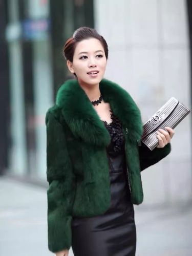 2024 Autumn/Winter Fur Coat for Women, Short Style, Faux Rex Rabbit Fur, Slimming Fit, Faux Fur Overcoat with Fox Fur Collar—Elegant and Chic
