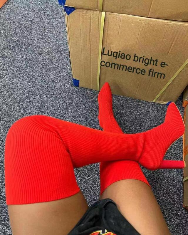 Socks Boots Women's 2022 Summer and Autumn New Stretch Long Boots Over the Knee Thick Heel Pointed Thin Boots Knitted Socks Autumn and Winter