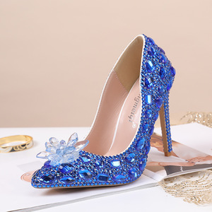 women girls gemstones bling solo singers  masquerade stage performance shoes 11 cm high with fine crystal with low help pointed blue wedding banquet high heels