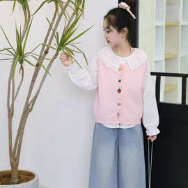 2026春款女童衬衫+背心套装春款女童二件套女孩彩色扣子春款套装