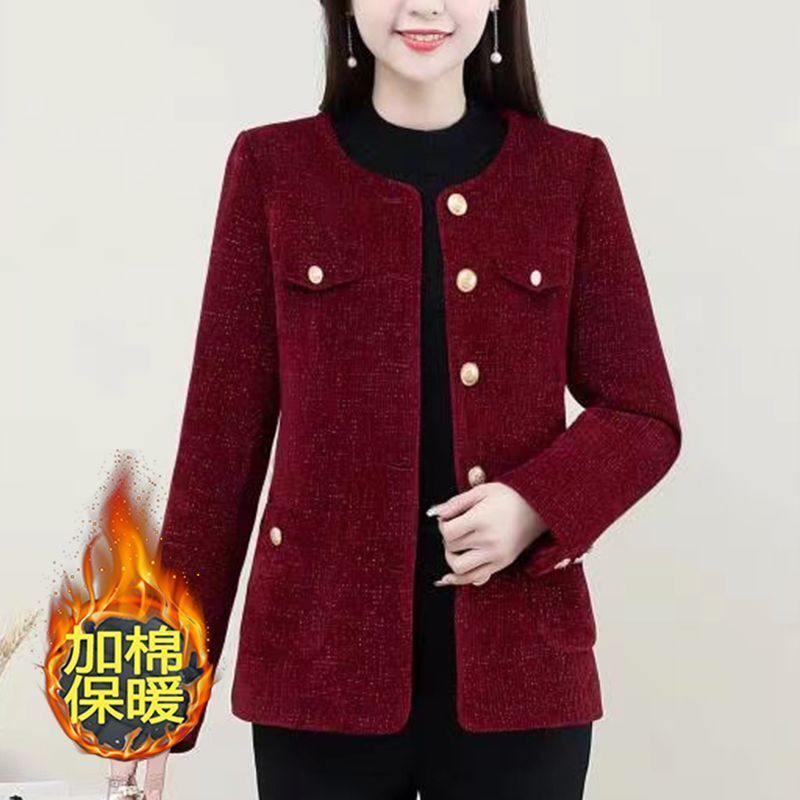 High-End Round-Neck Blazer for Women, Autumn and Winter New Style, Elegant, Age-Reducing, Versatile, Slimming, Padded and Thickened Jacket