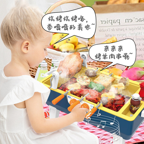 Five-star new product multi-functional large barbecue table skewers spray rotating sound effect children's play house interactive toy
