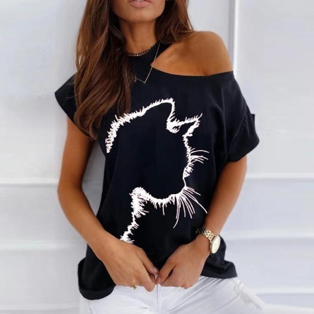 Cat Print Off-Shoulder Short-Sleeved T-Shirt NSYF59320