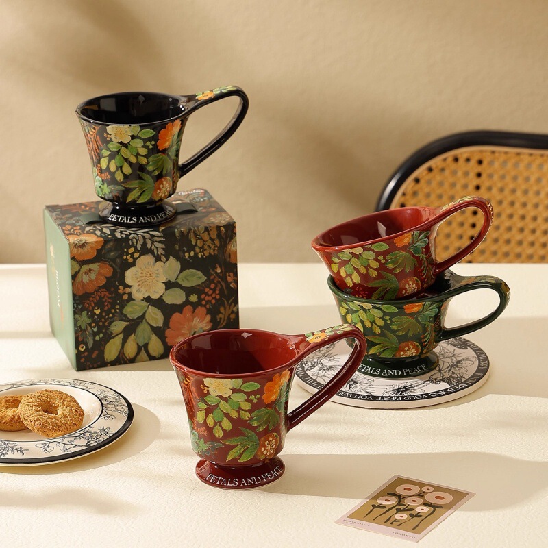 Retro Floral Coffee Mug, Color Box, Office Breakfast Ceramic Afternoon Tea Cup, Gift for Friend's Birthday