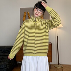 复古条纹立领拉链针织开衫女韩版2025秋冬新款百搭显瘦毛衣外套潮