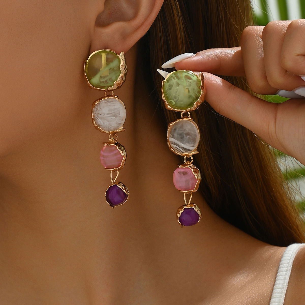 簡約森系幾何圓形耳環女百搭小眾鑲嵌寶石高級感設計耳釘耳墜批發