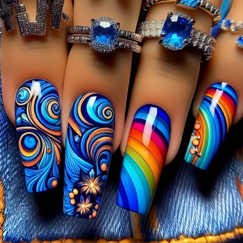 Press-On Manicure, Medium-Length European Square Manicure, New Year's Spring and Summer Fashion Manicure, Colorful Smudged Stripes