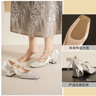 5688-19玛丽珍蝴蝶结粗跟高跟鞋女方头单鞋禾秀婚纱婚鞋新娘百搭