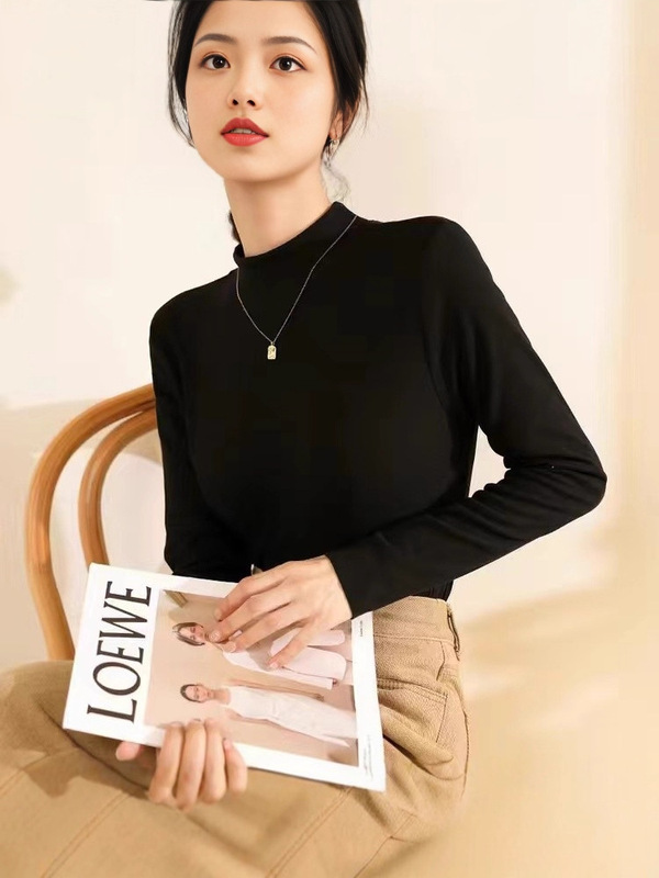小立领打底衫女春秋时尚百搭显瘦舒适半高领T桖长袖修身T恤A6728|undefined