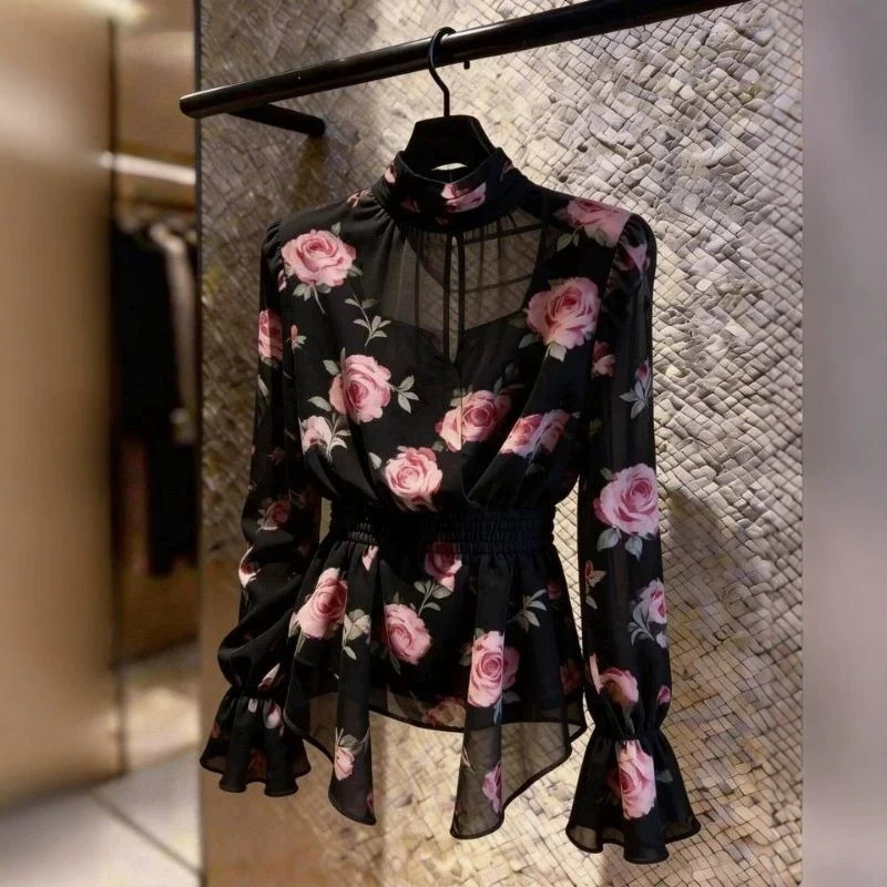 Plus-Size French-Style Chic Black Floral Long-Sleeve Shirt for Women, 2026 Early Autumn New Model, High-End Slimming and Elegant Top Plus-Size French-Style Chic Black Floral Long-Sleeve Shirt for Women, 2026 Early Autumn New Model, High-End Slimming and Elegant Top