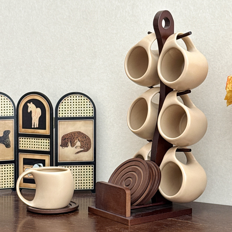 Cross-Border Ceramic Waterware Set, Simple Coffee Cup and Saucer Set, Ceramic Color High-Temperature Resistant Water Cup, Creative 6-Piece Set with Hanging Cups