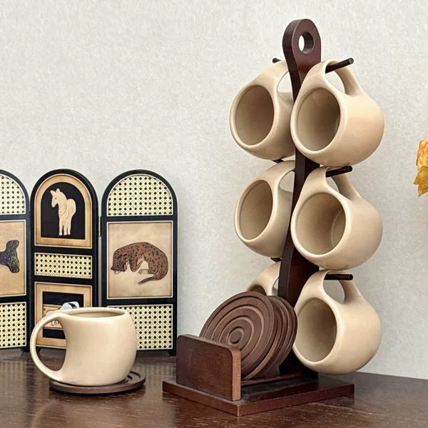 Cross-Border Ceramic Waterware Set, Simple Coffee Cup and Saucer Set, Ceramic Color High-Temperature Resistant Water Cup, Creative 6-Piece Set with Hanging Cups