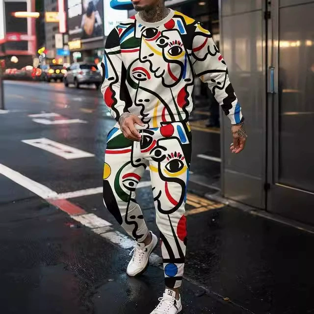 Ретро модный 3D печать Спортивные рубашки Спортивные брюки брюки Мужские спортивные фитнес-наборы для отдыха на улице