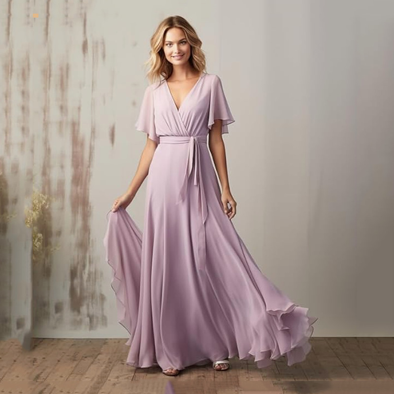 Foreign Trade New Women's Short-sleeved Bridesmaid Dress Long V-neck Split Chiffon Formal Evening Dress European and American Women's Dress