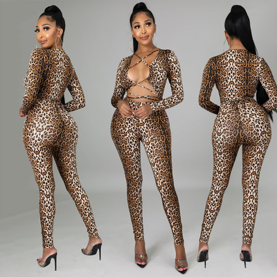 Women sexy fashion sexy  jazz dance Rompers solo singers performance leopard catsuits for female sexy tight hot dance long-sleeved jumpsuits pants