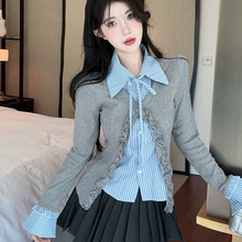 木耳边格子系带针织衫T恤女开衫春秋季新款假两件显瘦长袖上衣ins