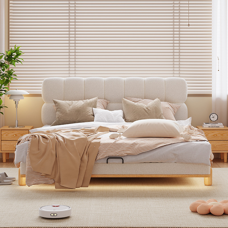 Cama de tela de madera de cera blanca, cama de dormitorio francesa, cama de chica, gato, tela de nube, nube, cama doble moderna y simple
