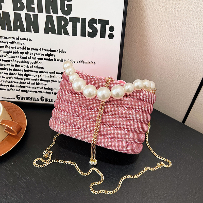 Bolso de lujo con cadena de diamantes y ondas, diseño francés, con diseño de cubo estúpido, brillante, con perlas de hadas y agua_voghion.com