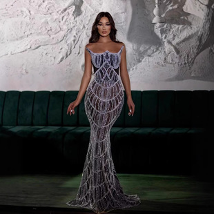 European and American Foreign Trade Independent Station Export AliExpress Amazon Heavy Industry Beaded Tube-length Tassel Evening Dress
