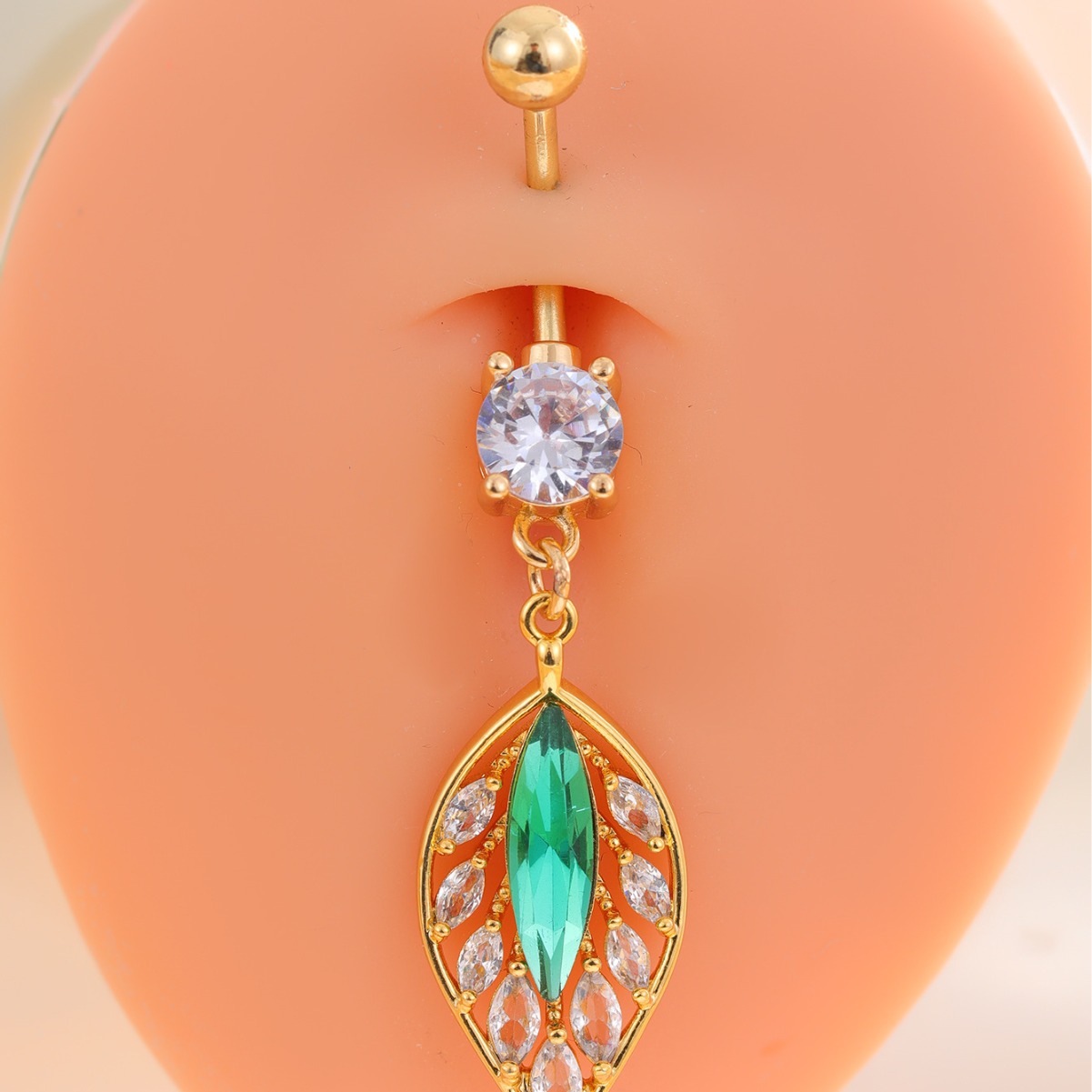 New Shiny Zircon High-End Elegant Jewelry Green Leaf Navel Ring Set_voghion.com