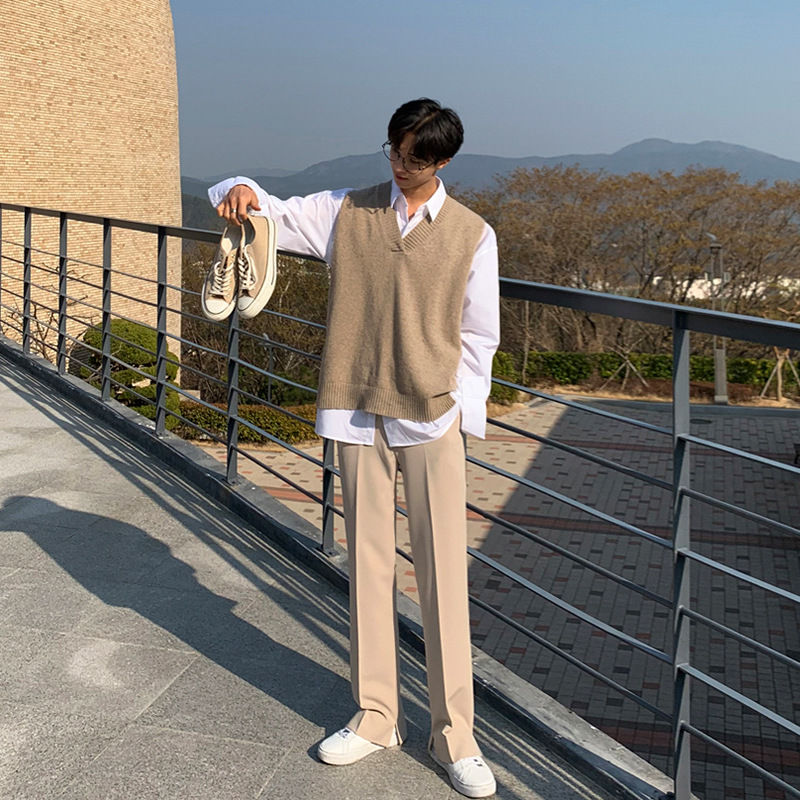 MYQ Chaleco de punto de color sólido de los hombres de primavera y otoño estilo coreano de moda personalizada con cuello en V suéter chaleco exterior chaleco Suelto