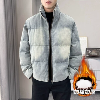 翻领复古夹克开衫男ins时尚百搭加绒假两件情侣刺绣外套工装上衣