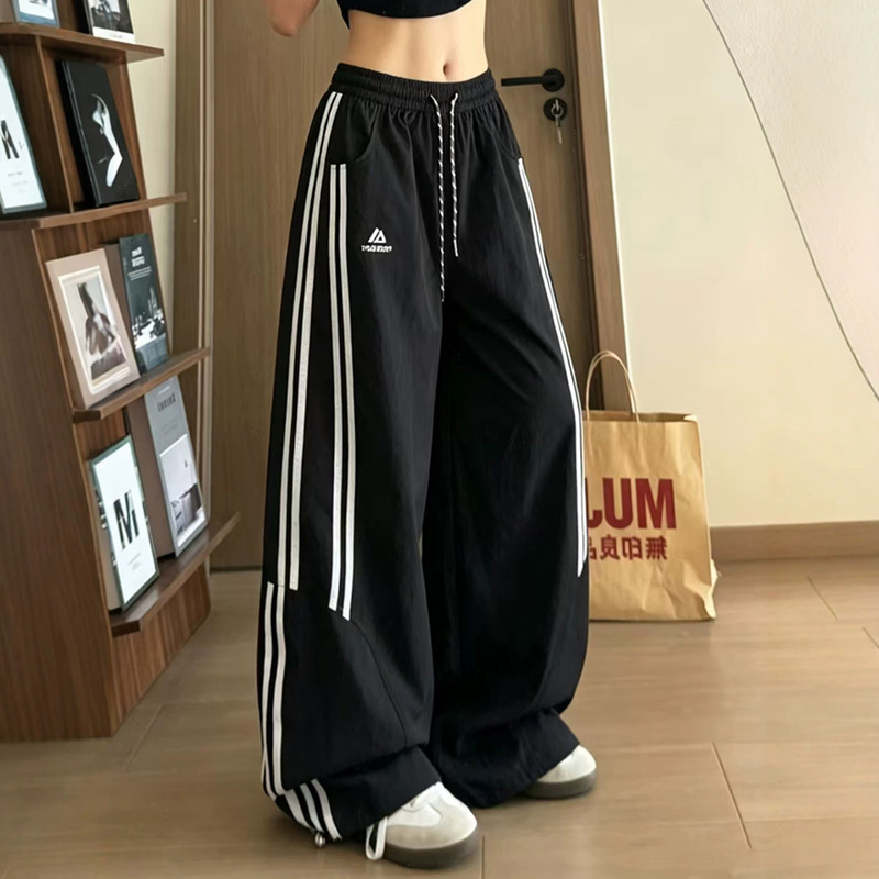 Thin Black Double-Striped Quick-Dry Workwear Sports Pants for Women, Summer High-Waisted Slim-Fit Petite Casual Wide-Leg Pants Thin Black Double-Striped Quick-Dry Workwear Sports Pants for Women, Summer High-Waisted Slim-Fit Petite Casual Wide-Leg Pants