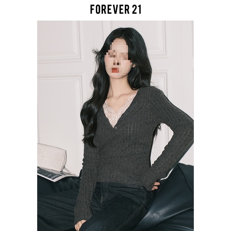 Forever21气质灰色蕾丝假两件V领针织小衫女纯欲修身长袖打底上衣|undefined