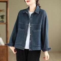 香港スタイルダークブルーラペルショートデニムジャケット女性のための春と秋の新しいレトロ多用途カジュアルラージポケットトップ