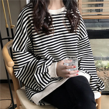 东南亚爆款2025韩版条纹宽松大码t恤长袖bf风女生帅气怪味少女上