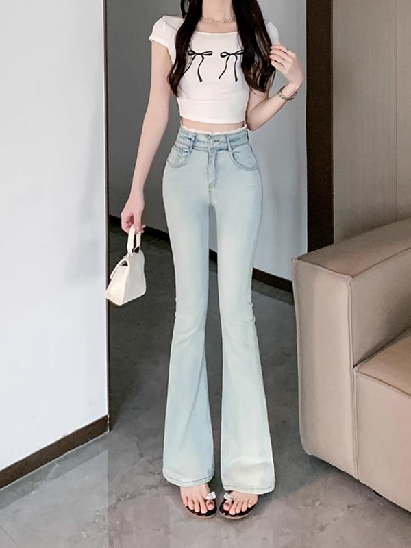 提臀紧身蕾丝拼接浅色女式微喇牛仔裤女夏高腰显瘦微喇裤子女款|undefined