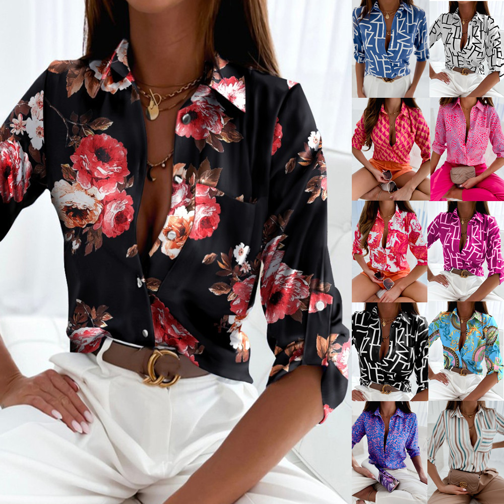 2022 tops transfronterizos de primavera y otoño de las mujeres europeas y americanas de comercio exterior independientes Amazon camisa de manga larga camisa estampada para mujeres