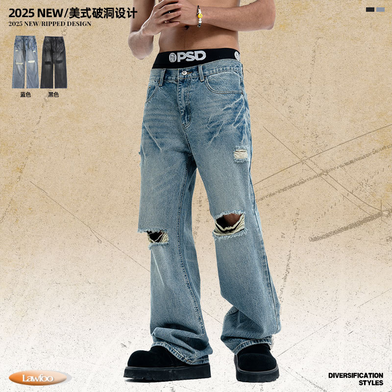Lawfoo American Retro Ripped Jeans for Men and Women, Washed and Distressed, Loose Wide-Leg Straight-Leg Trendy High Street Pants