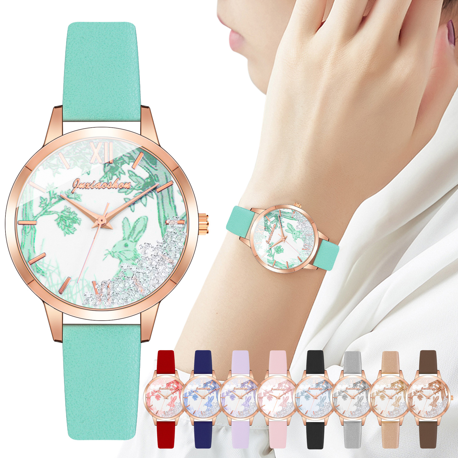 时尚皮带学生表批发 创意流沙钻森系中国风滚珠兔子女表石英手表