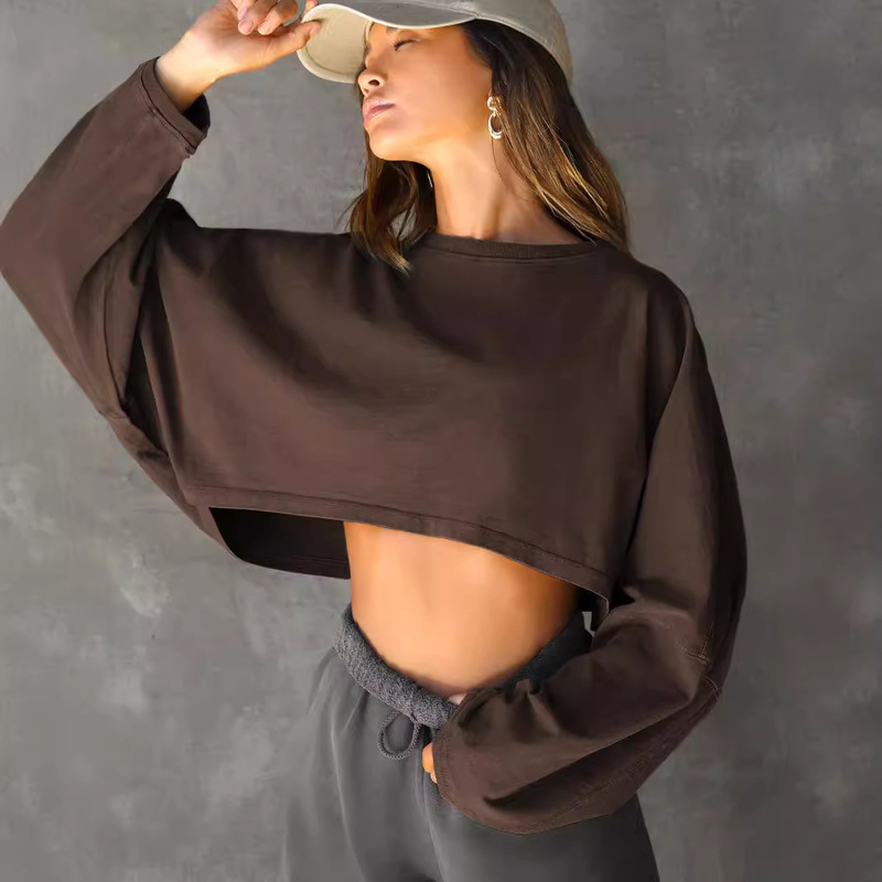 2024 Cross-Border Navel-Baring Round Neck Sweatshirt European and American Women's Short Sports Bottoming Shirt T-Shirt Knitwear Long-Sleeved Top