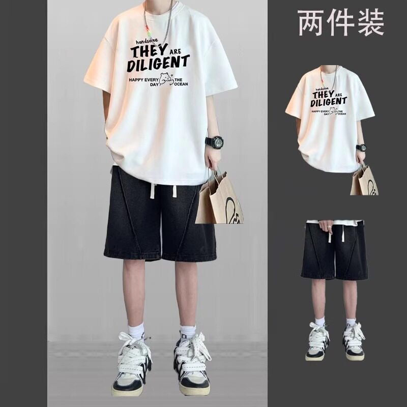 Summer Trendy Brand Cool Short-Sleeved T-Shirt Men's Suit, Casual and Stylish Men's Outfit Set with Denim Shorts Two-Piece Set