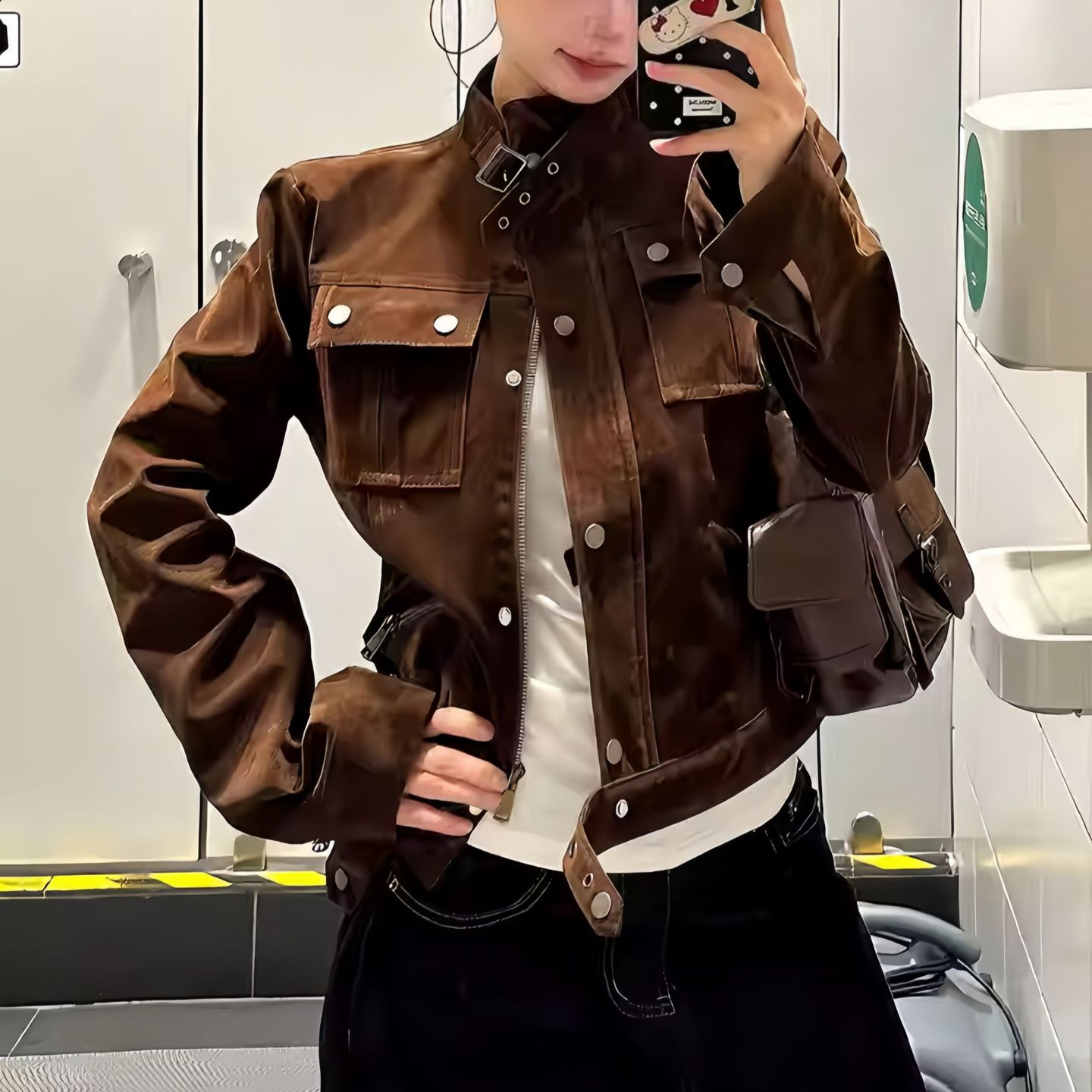 American Retro Stand-Up Collar Motorcycle Suede Jacket Autumn Women's Loose Slimming Short Top Jacket