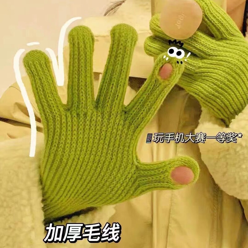新款加绒加厚保暖雪人刺绣可触屏手套中大童女士冬季针织防寒手套|undefined