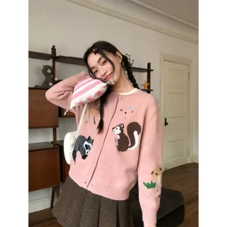 原创可爱丛林动物提花针织开衫女春秋新款宽松显瘦上衣