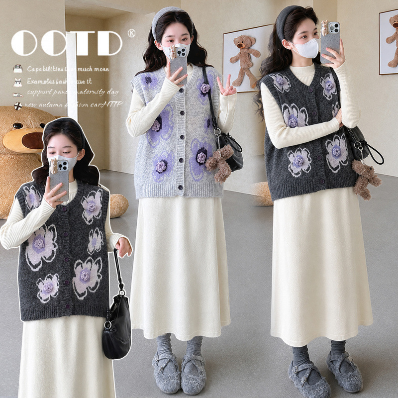 Atmospheric Floral Maternity Set 2026 Autumn Collection Jacquard Knit Vest Cardigan Slimming Maternity Base Knitwear Atmospheric Floral Maternity Set 2026 Autumn Collection Jacquard Knit Vest Cardigan Slimming Maternity Base Knitwear