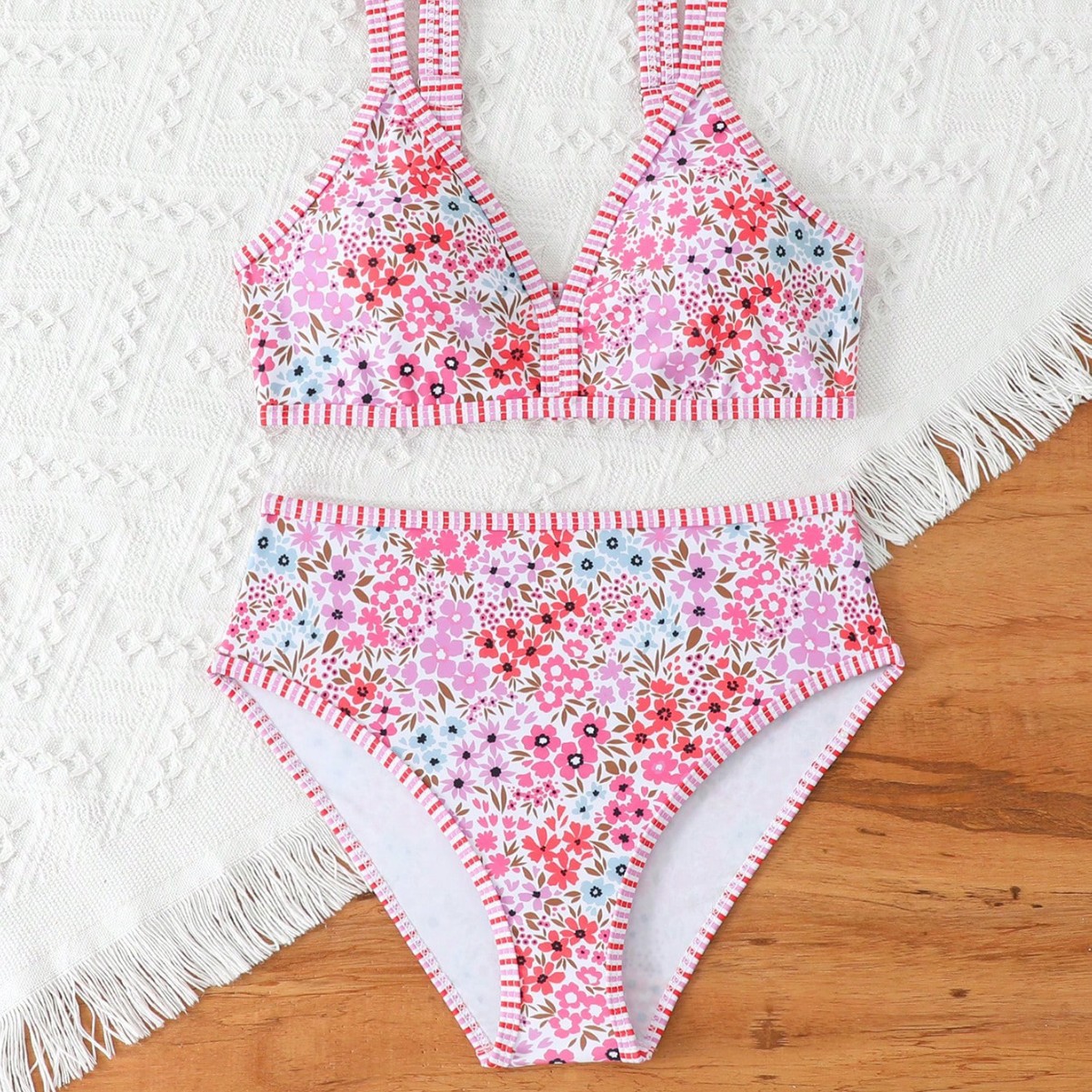 Children's Floral Print Bikini Double Shoulder Strap Swimsuit For Girls Toddler Girls Clothing 3-7 Years Old Style_voghion.com
