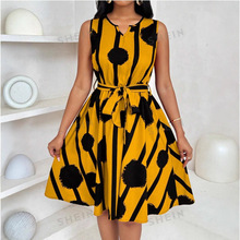 2025欧美跨境亚马逊女装欧美气质优雅条纹无袖连衣裙系腰带背心A