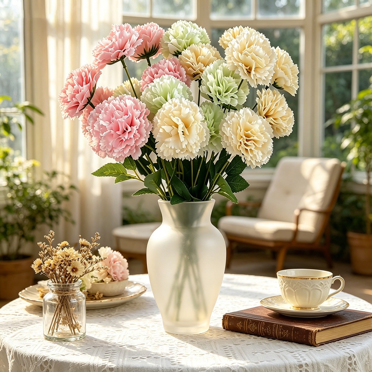 Simulación de 7 flores falsas de claveles estilo pastoral de alto nivel floral decoración floral manejo floral tela de seda artificial flores de plástico al por mayor