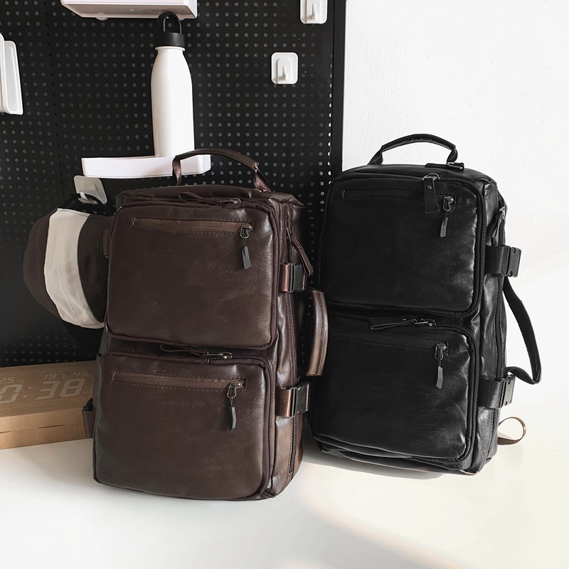 Nueva mochila de hombro de textura PU, color sólido, simple para hombres, bolsa de viaje corto, bolsa deportiva