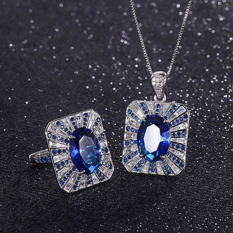 Zhuang Shengsheng Jewelry European and American Popular Ring Caibao Simulation Blue Glass Large Square Pendant Ring suit Main Stone 10*1