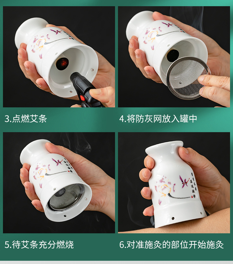 Ceramic Moxibustion Cup Gua Sha Jar Double Layer Heat Insulated Ash Grid Design for Home Meridian Care in use