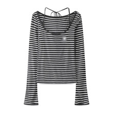 现货2026春新款绑带喇叭袖U型领条纹T恤RK10801093