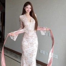 纯欲风性感v领喇叭袖女春季紧身绑带显瘦收腰包臀长裙图片色拼接