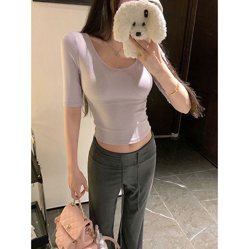 Short U-neck three-quarter sleeve t-shirt for women, new slim-fit base shirt, solid color versatile tight-fitting mid-sleeve top for stylish girls